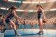 A group of young women playing basketball on a court.