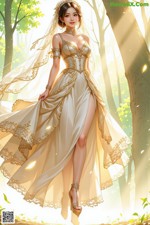 A woman in a wedding dress is walking through the woods.